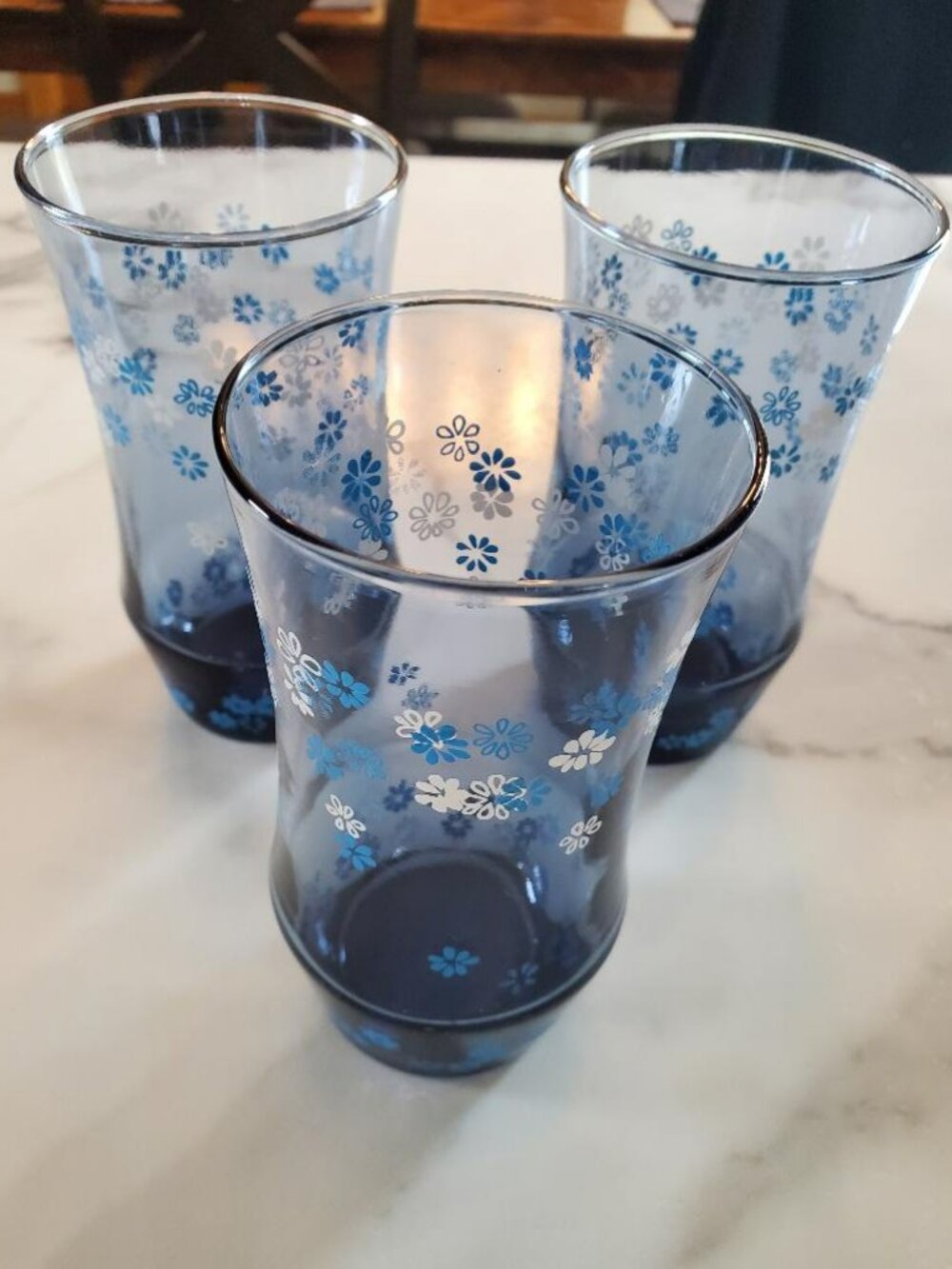 Vintage 1970s Libbey Straw Flowers Blue Glasses set of 3